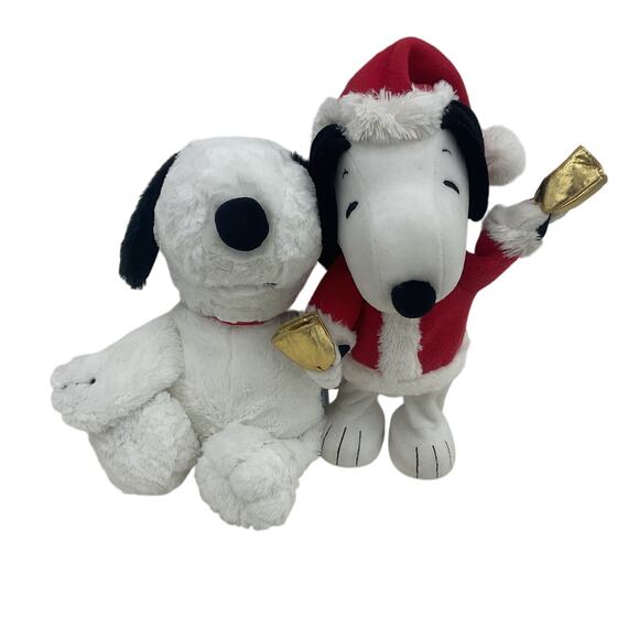 Preowned LOT of 2 CUTE Peanuts White Snoopy Plush Dolls Santa Claus Dog Holiday - Picture 1 of 9